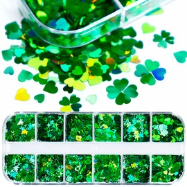 Mygitter Nail Art Green Glitter Sequin 3D St. Patrick's Nail Holographic Clover Flake Sparky Love Shaped Design Leaf Decoration DIY Accessories for Women