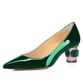 FSJ Women Bridal Pointed Toe Chunky Block Low Heel Crystal Pumps Slip on Wedding Thick Comfort Party Shoe Size 11 Dark Green-Patent