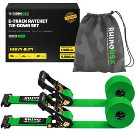 Rhino USA E Track Ratchet Tie Down Straps (4,500lb Break Strength) - Includes (2) Premium 2" x 16' eTrack Tie Downs - Ultimate Heavy Duty eTrack Cargo Strap System for Trailer, Truck, Motorcycle