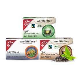 H&S Focus Bundle: H&S Stay Up with Vitamin C and B6, H&S Organic Green Tea from Darjeeling and H&S Organic Black Tea from Assam for Energy and Concentration, 3 x 20 Bags