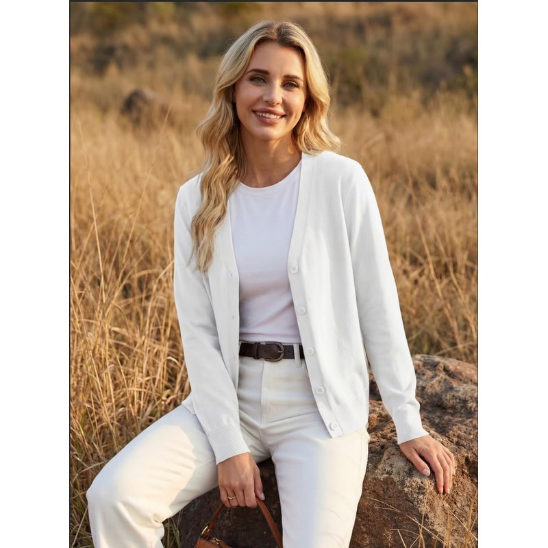 GRECERELLE Womens White Lightweight Long Sleeve Cardigan Casual Button Down