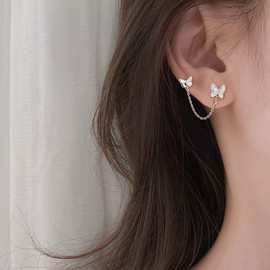 925 Sterling Silver Butterfly Earrings for Women Girls Cubic Zirconia Threader Tassel Chain Earrings Dangle Earrings Stud Earrings, Sterling Silver, No Gemstone