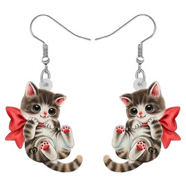 LONYOO Acrylic Christmas Furry Cat Earrings Cute Kitten with Bow Tie Dangle Jewelry Gifts for Women Party Favors Decor (Brown)