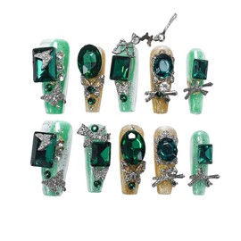 ArtiPrint Press on Nails Set with Emerald Green Large Rhinestones Butterfly Easy to Apply & Gentle on Nails, Women’s Dramatic Cosplay, Gift Box Included(DM024, M)