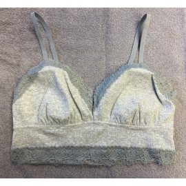 Aerie Ribbed Eyelash Lace Trim Longline Bralette -- HEATHER GRAY M