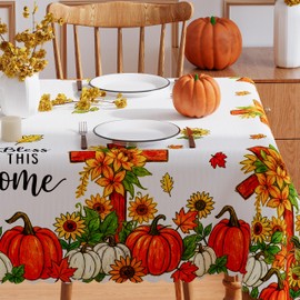 Fall Tablecloth 60x84 Inch Rectangle, Cross Pumpkins Table Cloth Seasonal Autumn Bless This Home Home Decor Waterproof Scalloped Edge Picnic Dining Table Cover