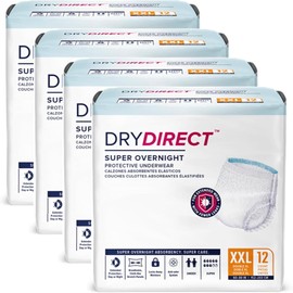 Dry Direct Super Overnight Underwear, Soft Cloth-Like Adult Diapers, Overnight Disposable Incontinence Protection - XX-Large (Case of 48)