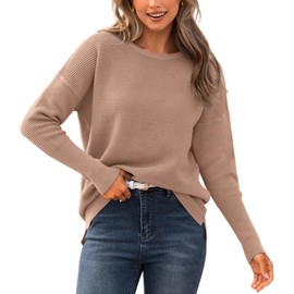 BTFBM Casual Women 2025 Fall Sweater Long Sleeve Ribbed Knit Pullover Loose Crewneck Batwing Split Sweater(Camel,Small)