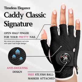 Caddy Classic Ladies Golf Glove Women | Half Finger Mesh Design for High Breathability | Premium Leather Construction for Comfortable Fit | Includes Stylish Magnetic Ball Marker