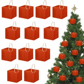 Wonderjune 16 Pcs Christmas Tree Ornaments Small Cardboard Boxes Decorations Cardboard Blocks with Ropes Mystery Paper Boxes Hanging Decor for Party Decor(Red Brick)