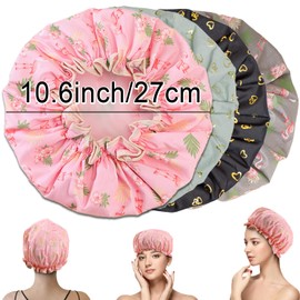 Double Layer Shower Cap for Women, Elastic Band Reusable Shower Cap for Hair, Waterproof Plastic Shower Cap with Ruffles Covering Ears, Suitable for Long, Short and Curly Hair (Pink Flamingo)