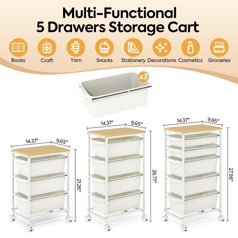 KINGBOARD Slim Rolling Cart with 3 Drawers, Metal Utility Storage