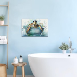 QIXIANG Sea Turtle Bathroom Wall Art Funny Sea Turtle in Bathtub Canvas Painting Art Ocean Animal Watercolor Pictures Framed Ready to Hang (Sea Turtle 2, 12.00" x 18.00")