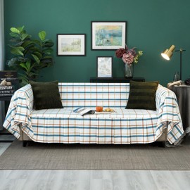 Heavy Duty Sofa Cover with Elegent Ruffle Trim,for Cats Dogs Pets,Blue Plaid Retro Farmhouse Vintage Sofa Slipcover Versatile Couch Cover Furniture Protector for 2-3 Cushion Sofa 1PC 71x134 Inch