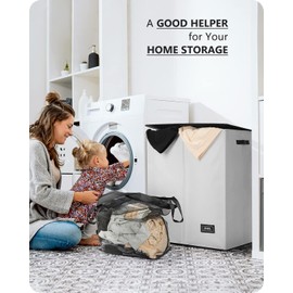 SOLEDI Luxury Double Laundry Hamper with Lid and Removable Bags, Large Hamper for Laundry, Laundry Basket 2 Sections, Collapsible Ditry Clothes Hamper for Bedroom, Laundry Room, Bathroom, Off-white