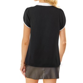 Avanova Women Bow Tie Neck Short Petal Sleeve Blouse Shirts Work Business Tops Black White Large