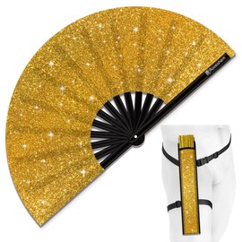 Raveahem Glitter Large Rave Folding Clack Hand Fan with Holster for Men Women Handheld Fan for EDM,Festival,Club,Party,Dance (Golden, 11")