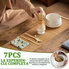 YVISKPQF Matcha Kit Profesional 7 Pcs,Matcha ceremonial kit con whisk,ktazón de cerámica y estera de té,con caja de color para amantes del té(Blanco)