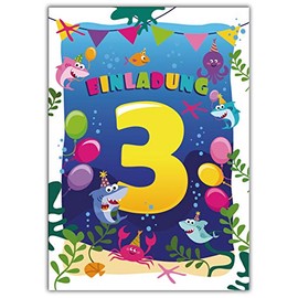 6 invitation cards for 3rd children's birthday party girls boys shark