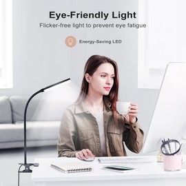 MONGERY Clip on Light LED Desk Lamp, Eye-Caring Clamp Table Lamps with USB Charging Port, 3 Modes 11 Brightness, 360° Adjustable Gooseneck Desk Light for Office, Home, Reading and More, Black