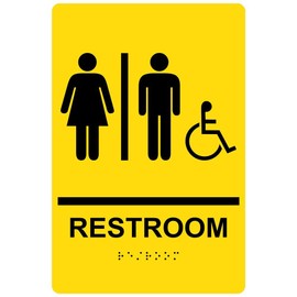 ComplianceSigns.com Wheelchair Accessible Restroom Sign, ADA-Compliant Braille and Raised Letters, 9x6 in. Black on Yellow Acrylic with Mounting Strips