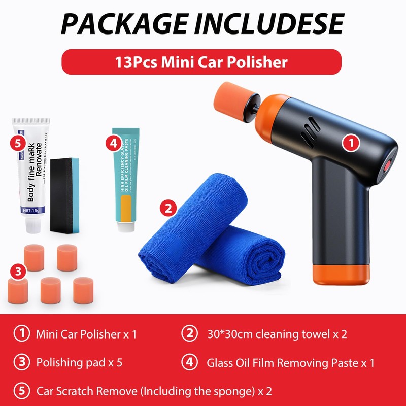 Mini Cordless Polisher for Car Detailing, 13PCS Kit with 5
