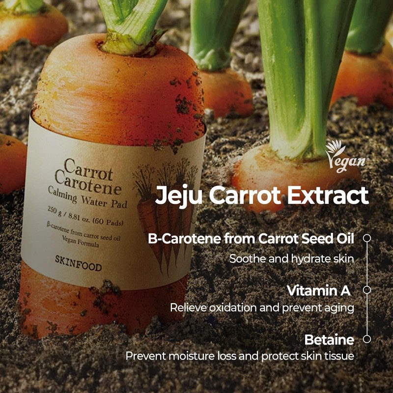 SKINFOOD Carrot Carotene Calming Water Toner Pads, Korean Skin Care