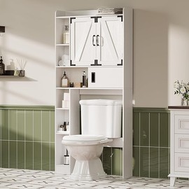 ChooChoo Over The Toilet Storage Cabinet, Farmhouse Bathroom Storage Cabinet with Barn Doors, Sliding Drawer, Adjustable Shelves, Space-Saving, White