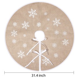 Tatuo Hessian Christmas Tree Skirt, White Snowflake Print, Tree Skirt Base Cover For Christmas Holiday Decoration