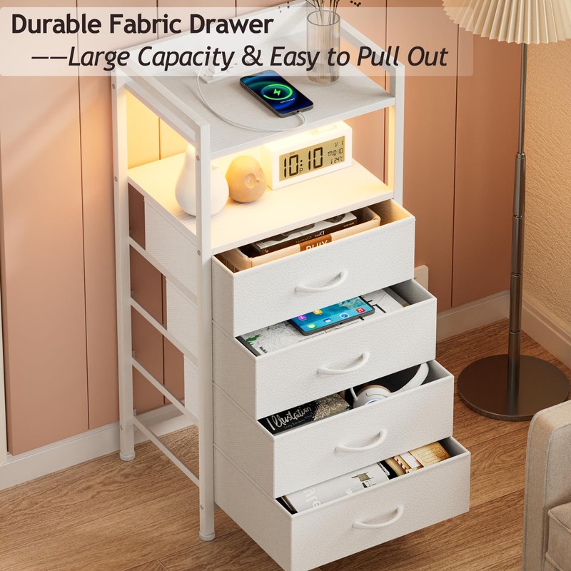 Furnulem White Nightstand with Charging Station, Night Stand Side Table