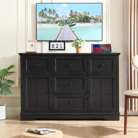 HDDDZSW 5+2 Dresser for Bedroom, Black Chest of Drawers for Bedroom with Wooden Drawers and Cross Doors, Wood Dressers Storage TV Stand for Living Room