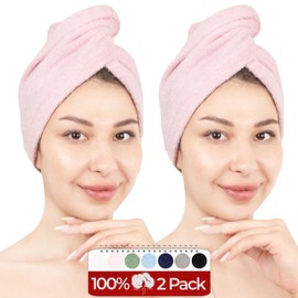 Hammetex 100% Cotton Women's Hair Towels, Pack of 2, Fluffy, Quick Absorbent, Quick-Drying Hair Turban Hair Towels with Button, Pink