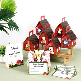 Blueweenly 37 Pcs Farm Animal Party Favors Set Mini Plush Farm Toys Foldable Red Carton Barn Adoption Cards 1 Sign Animal Bulk with Favor Bags for Adopt a Pet Party Favors Birthday Supply