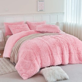 WINLIFE Faux Fur Comforter Set Queen Size Pink 3Pcs Fluffy Furry Shaggy Comforter Set Ultra Soft Long Hair Plush Bedding Set (1 Faux Fur Comforter, 2 Faux Fur Pillowcases)