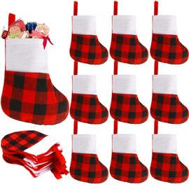 LOKIPA Small Christmas Stockings, 12 Pack Mini Christmas Stockings Red Buffalo Plaid Xmas Stockings Bulk with Plush Cuff for Christmas Tree Decor