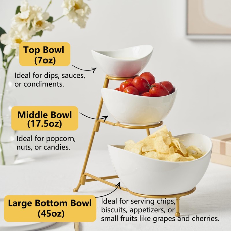 Gomakren 3 Tiered Oval Serving Bowl with Collapsible Metal Rack,