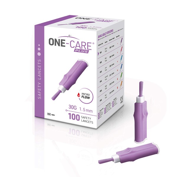 MediVena ONE-CARE Plus Safety Lancets, Contact-Activated, Comfort Micro Needle 30G x 1.5mm, 100/bx, Sterile, Single-Use, Easy Fingerstick for Comfortable Glucose Testing
