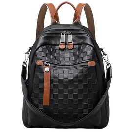 Wesccimo Genuine Leather Backpack Purse For Women Black Real Soft Leather Checkered Convertible Shoulder Casual Daypack Designer Bag