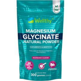 Wellthy Glicinato de Magnesio 600g Sabor Raspberry. 60 Porciones, Equivalente a 500mg de Magnesio por Porción, Reforzado con Fibra Prebiótica Orafti,