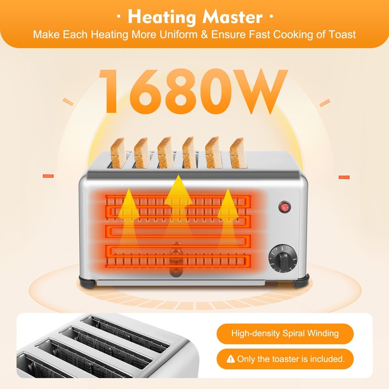 Commercial Pop-Up Electric Toaster 6 Slice Long Extra-Wide Slots with