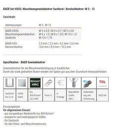 BAER Tap and Die Set HSSG: Machine Tap, Blind Hole - Core Hole Drill Bit M 3-12 - Thread Cutting Set Metric - Thread Cutting