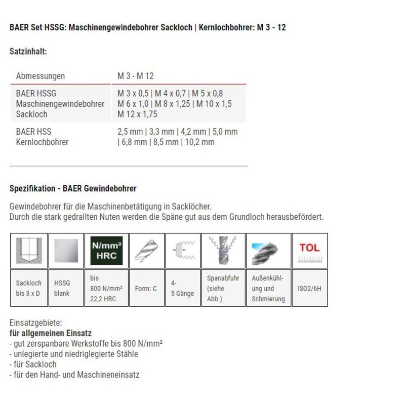 BAER Tap and Die Set HSSG: Machine Tap, Blind Hole