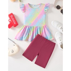 Arshiner Girls 2 Piece Outfit Biker Shorts And Ruffle Blouse Tie Dye Pink Fashionable Summer Playwear Soft Lightweight Clothing Size 4-5T
