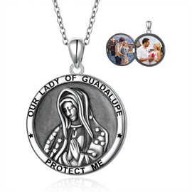 925 Sterling Silver Locket Necklaces for Women Engraved OUR LADY OF GUADALUPE PROTECT ME Oxidation Memorial Pendant Jewelry Gifts for Birthday Christmas Mother's Day