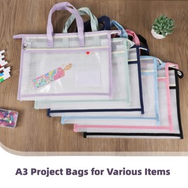A3 Project Bags 6 Packs, Clear Mesh Sew Project Bag with Zipper and Shoulder Straps, Craft Storage Organizer for Quilters, Nylon PVC Quilting Bags for Sewing Supplies