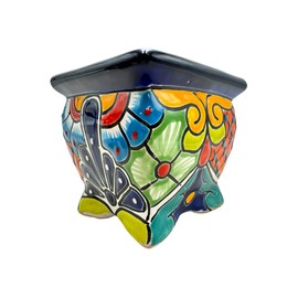 Talavera Japanese Square Planter Pot Mexican Pottery Folk Art Hand Painted Indoor Outdoor Multicolor Home Decor Hand Painted Folk Art 5.5" (Cobalt Multi)