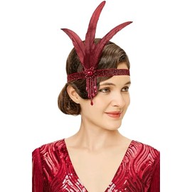 BABEYOND 1920s Flapper Feather Headpiece Vintage 1920s Headband Beaded Flapper Headpiece Great Gatsby Costume Accessories, Red