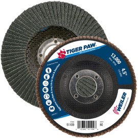 Weiler 51109 Tiger Paw High Performance Abrasive Flap Disc, Type 27 Flat Style, Phenolic Backing, Zirconia Alumina, 4-1/2" Diameter, 7/8" Arbor, 60 Grit, 13000 RPM (Pack of 10)