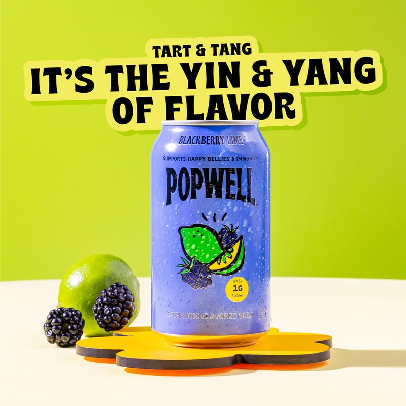 Popwell Blackberry Lime Better-For-You Prebiotic Soda, with 6g Fiber, 1g