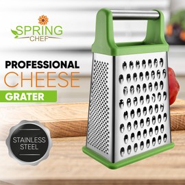 Spring Chef Green Professional Stainless Steel XL Parmesan Cheese Grater with Handle - 4 Sided Box Grater for Kitchen - Dishwasher Safe Food Shredder for Carrot, Potato, Vegetables, Ginger, Hash Brown